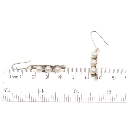 950 Silver Vintage Real Pearl Modernist Peapod Dangle Earrings
