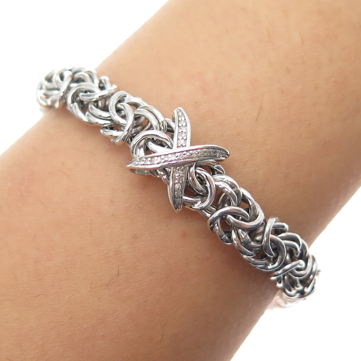 SAMARA SJD 925 Sterling Silver Real Diamond X Shape Byzantine Link Bracelet 7"