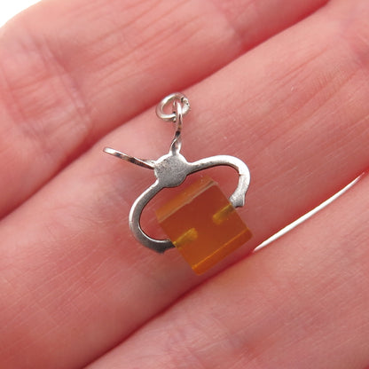 925 Sterling Silver Antique Art Deco Real Amber Sugar Tongs 3D Mini Pendant