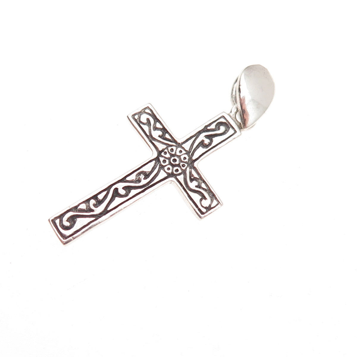 925 Sterling Silver Vintage Floral Ornate Cross Oxidized Charm Pendant