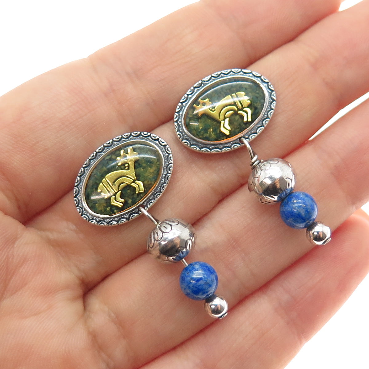 CAROLYN POLLACK Old Pawn 925 Sterling 2-Tone Vintage Lapis Inlay Goat Earrings