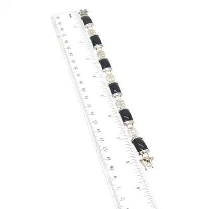 925 Sterling Silver Vintage Real Black Onyx Chinese Character Panel Bracelet 8"