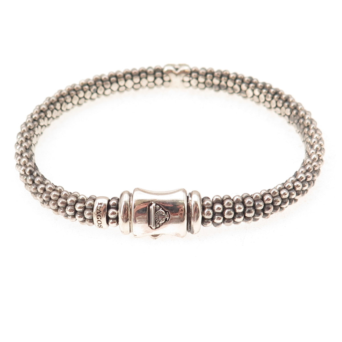 Lagos 925 Sterling Silver 18K Gold Real Diamond X-Shape Caviar Bracelet 6.75"