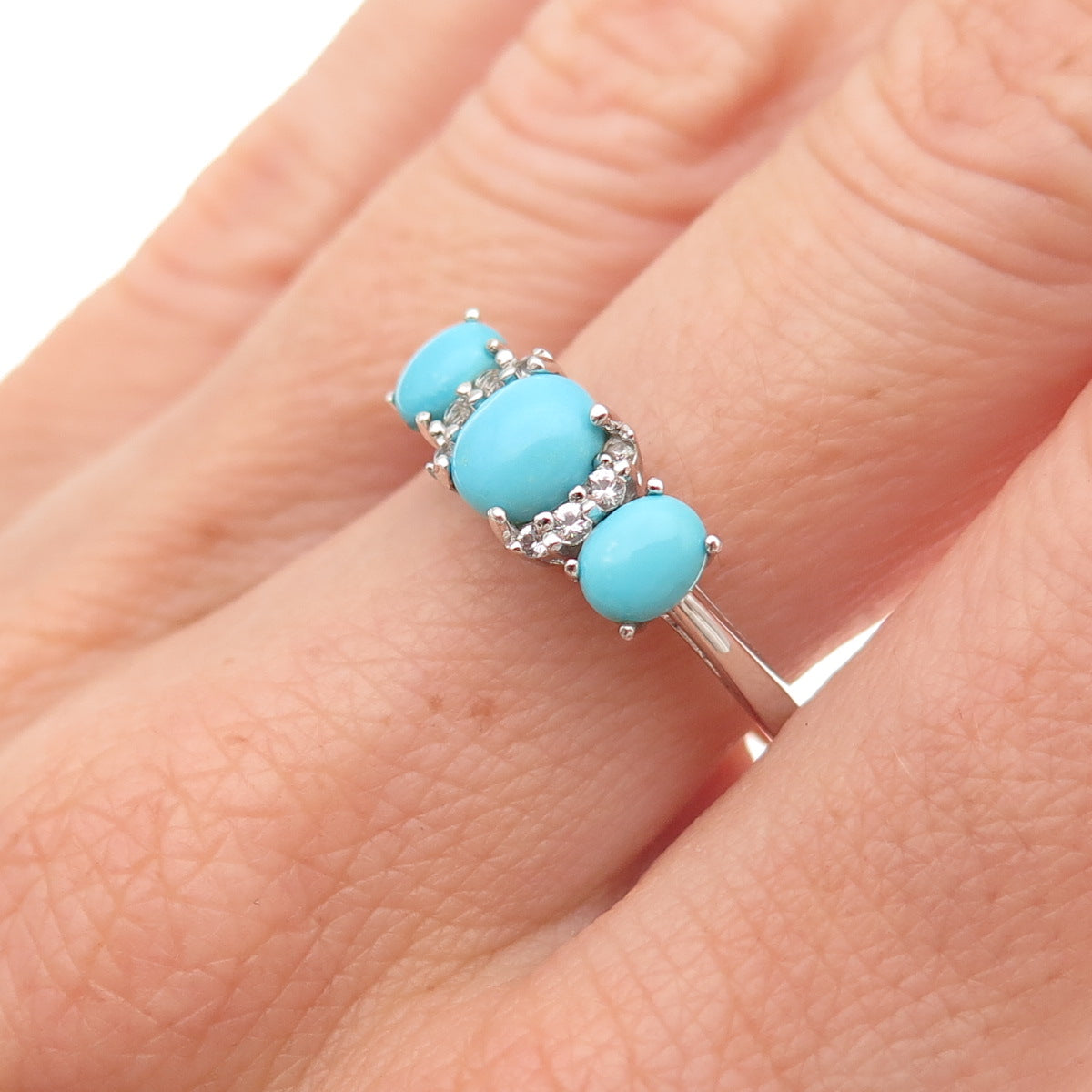 925 Sterling Silver Real Sleeping Beauty Turquoise & White Topaz Ring Size 8