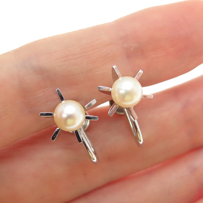925 Sterling Silver Vintage Real Pearl Sun Screw Back Earrings