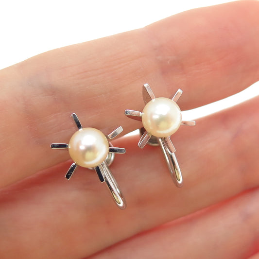 925 Sterling Silver Vintage Real Pearl Sun Screw Back Earrings