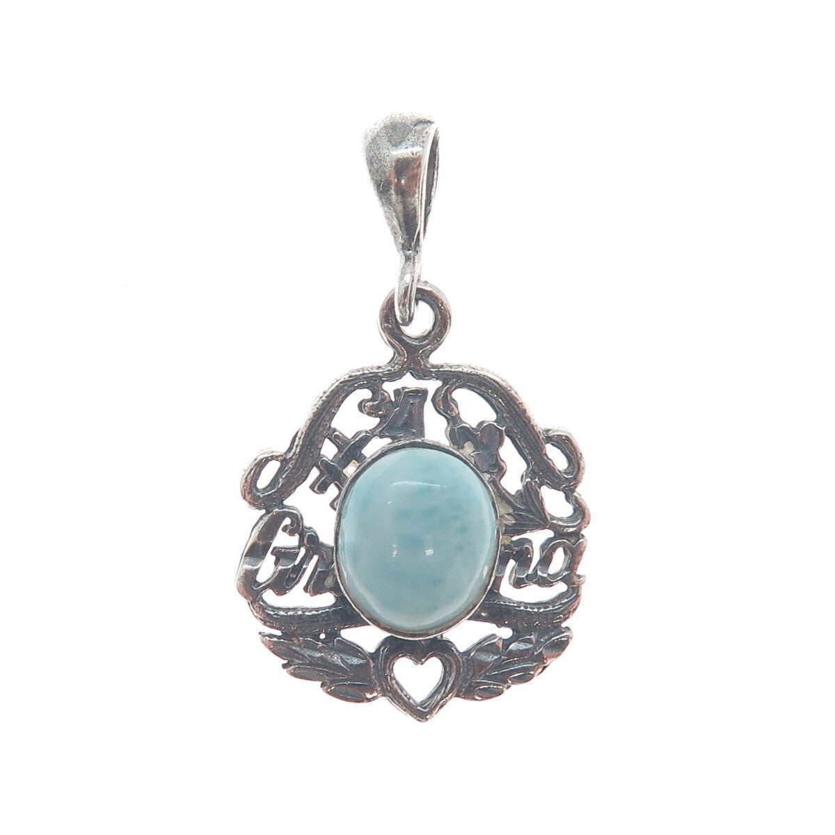 925 Sterling Silver Vintage Real Larimar "#1 Grandma" Oxidized Charm Pendant