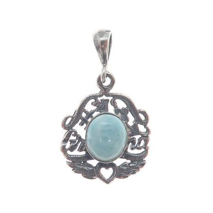 925 Sterling Silver Vintage Real Larimar "#1 Grandma" Oxidized Charm Pendant
