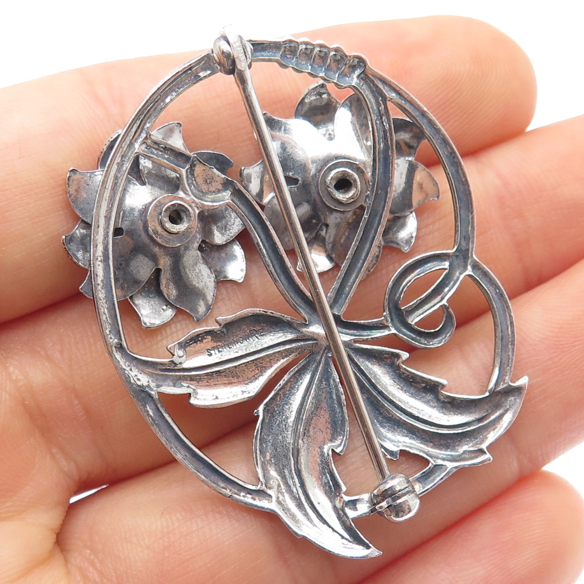 W. E. RICHARDS 925 Sterling Silver 2-Tone Antique Flower Oxidized Pin Brooch