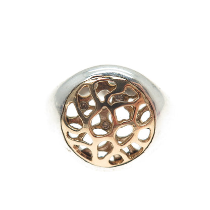 925 Sterling Silver 14K Rose Gold Vintage Real Diamond Modernist Ring Size 7.75