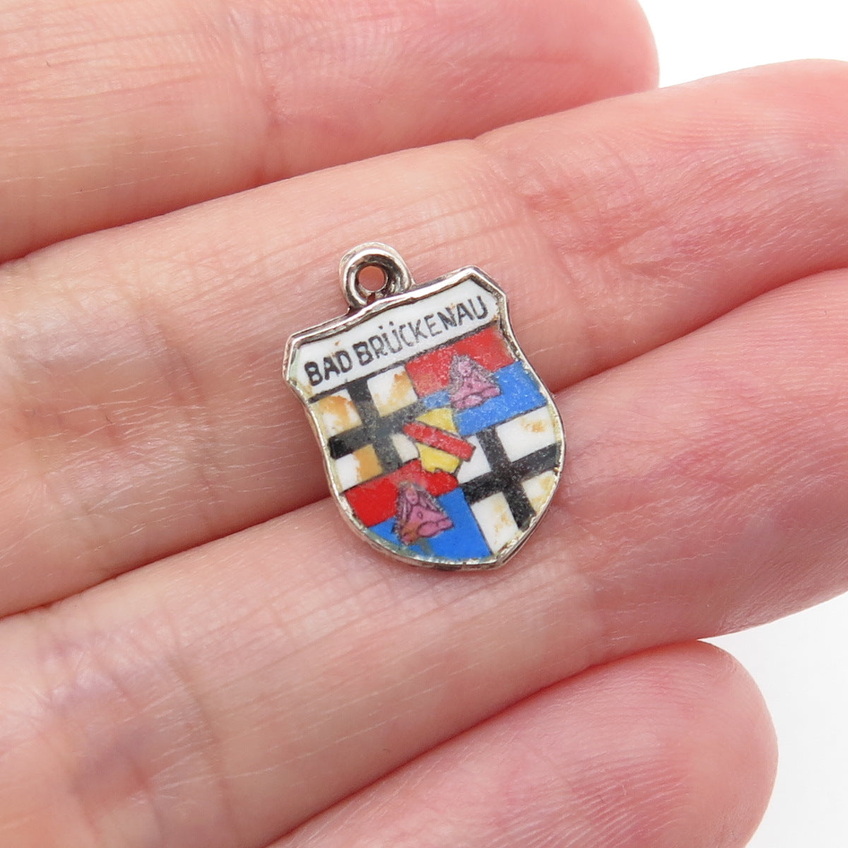 800 Silver Vintage ESJ Enamel Bad Bruckenau Coat of Arms Minimalist Pendant