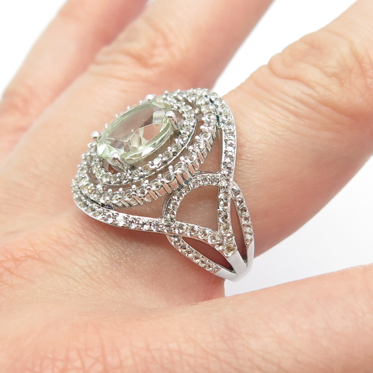 925 Sterling Silver Real Green Amethyst & White Topaz Gem Ring Size 8