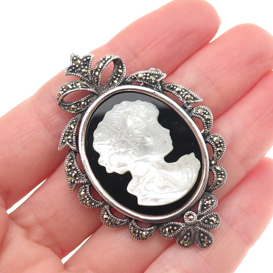 925 Sterling Vintage Real MOP Black Onyx Marcasite Lady Cameo Pin Brooch Pendant