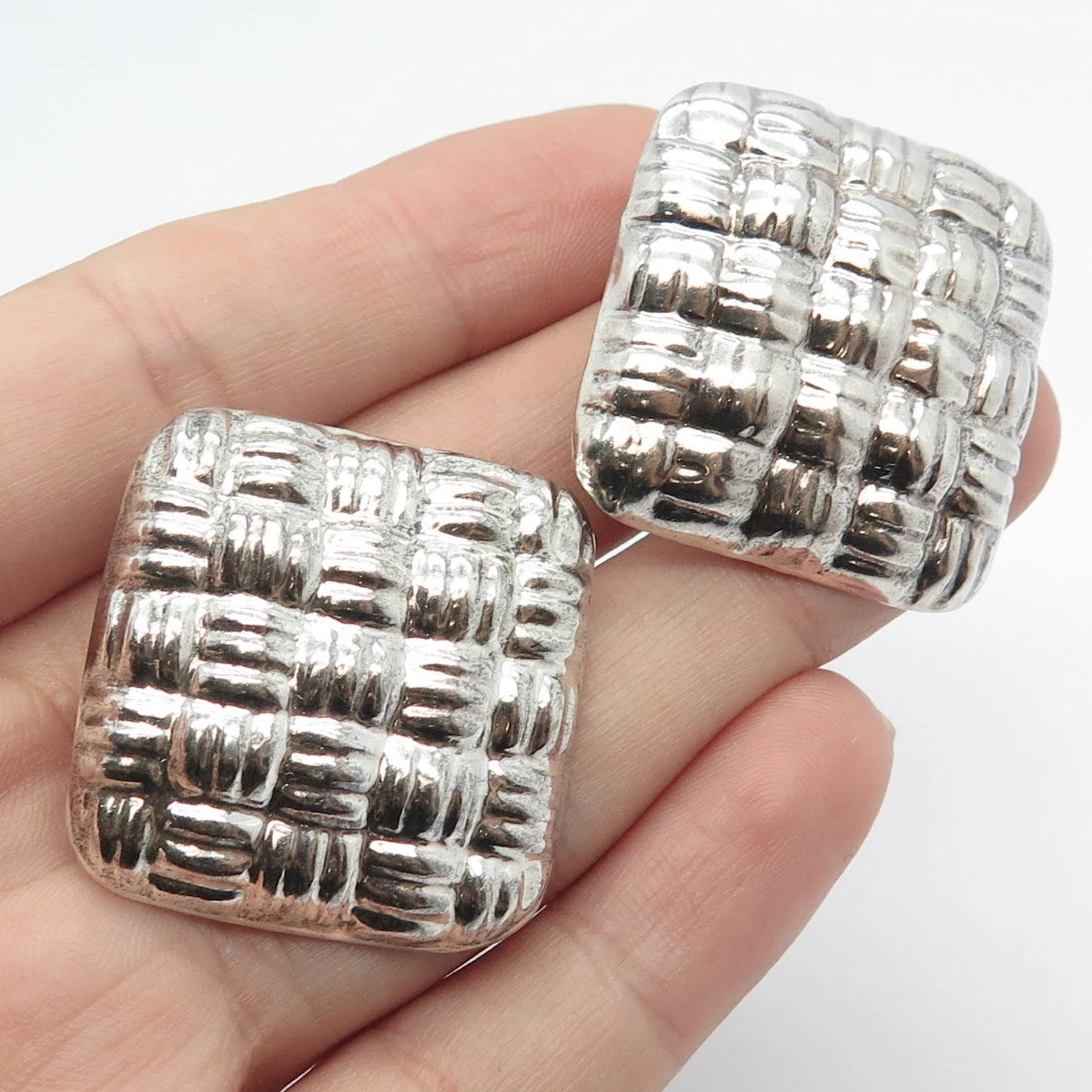 925 Sterling Silver Vintage Mexico Woven Rhombus Clip On Earrings
