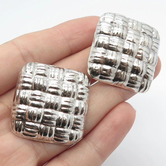 925 Sterling Silver Vintage Mexico Woven Rhombus Clip On Earrings