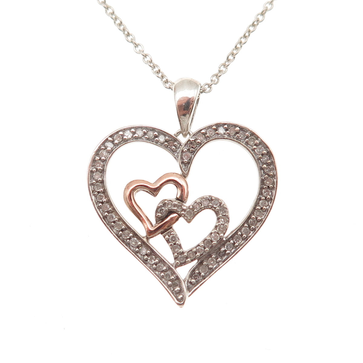 Sun 925 Sterling Silver 10K Gold Real Diamond Heart Cable Chain Necklace 18"