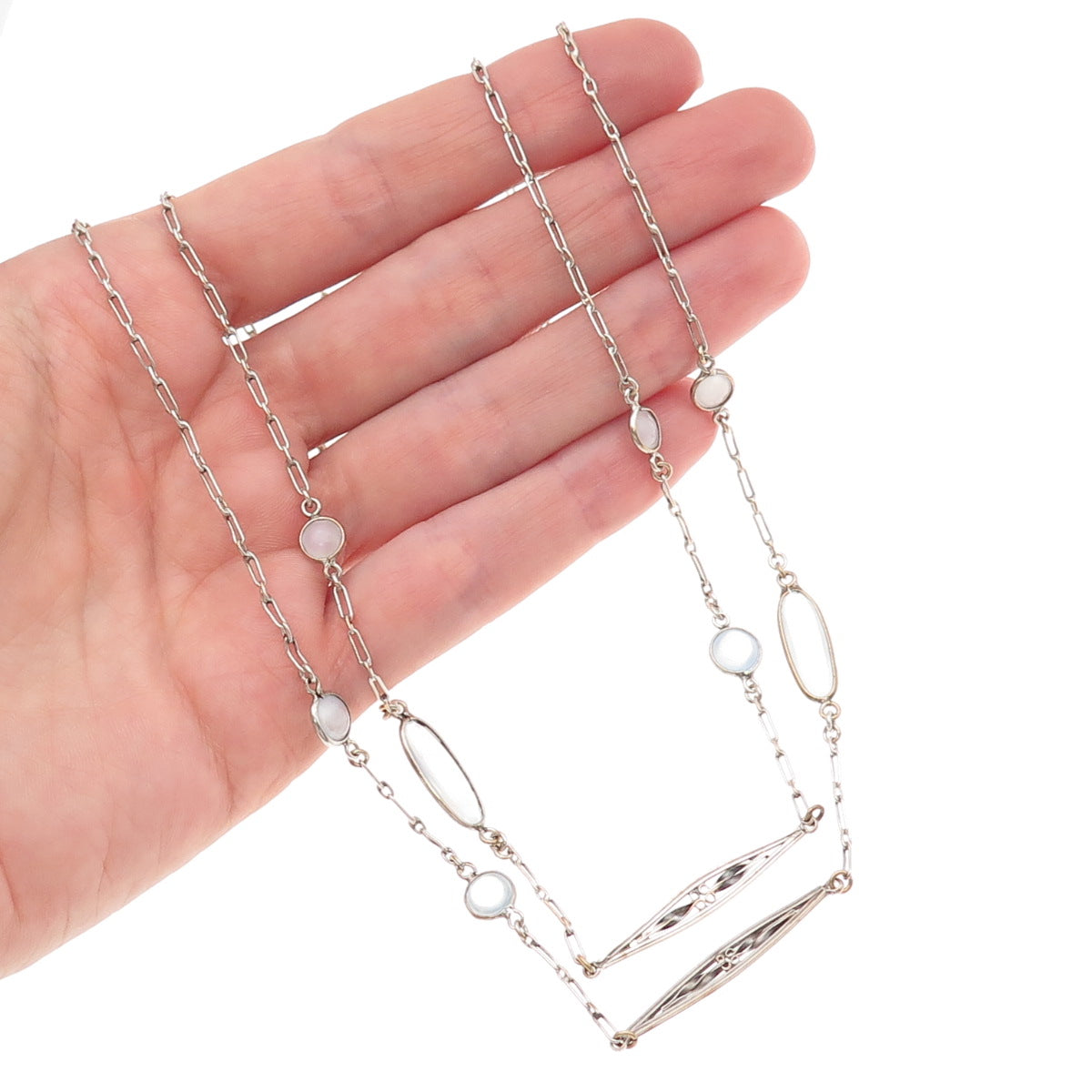 Silver-Tone Antique Art Deco Opalite Long Chain Necklace 56"