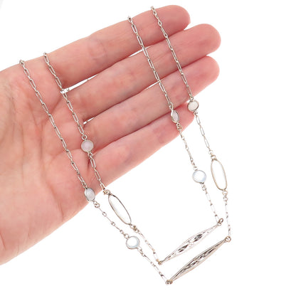 Silver-Tone Antique Art Deco Opalite Long Chain Necklace 56"