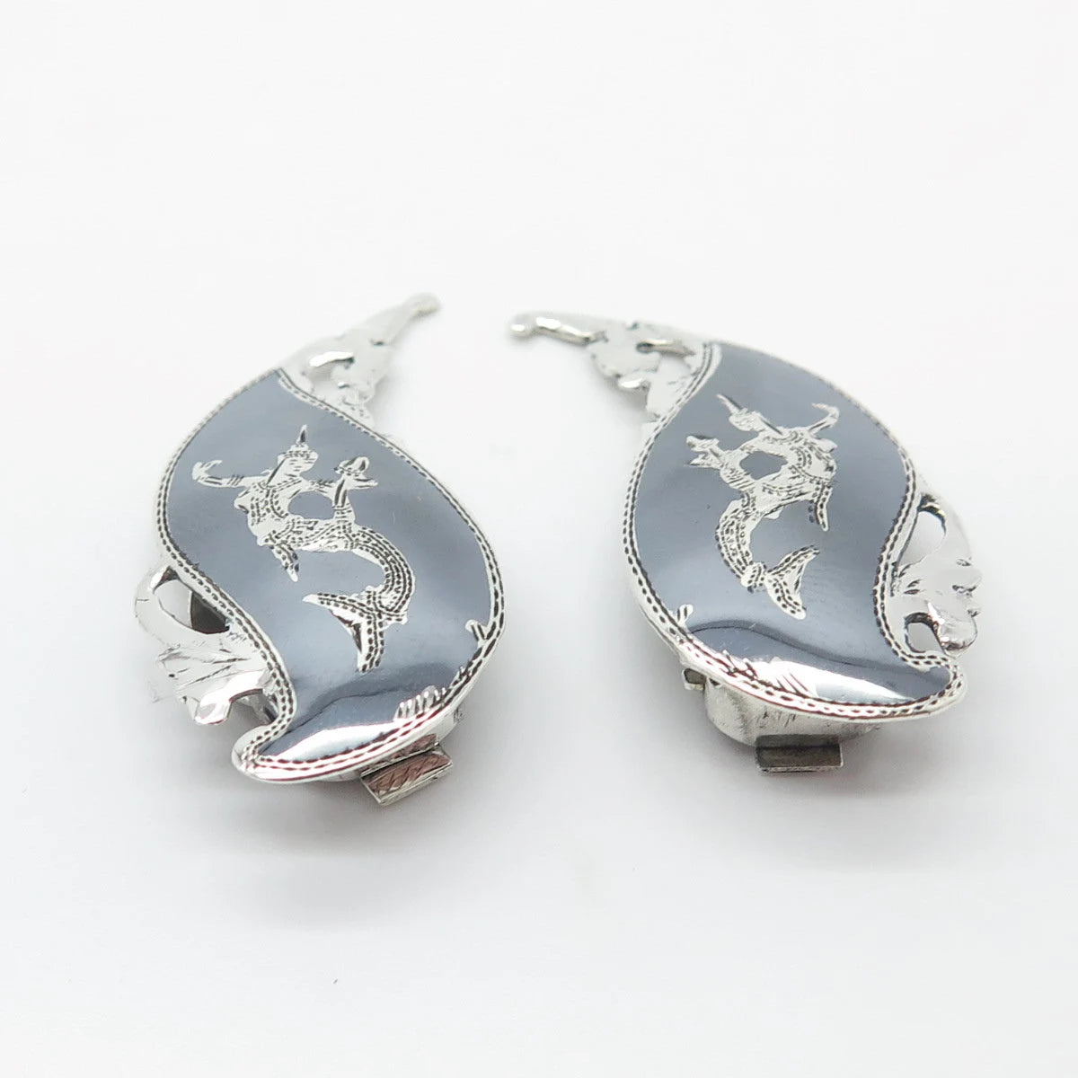 925 Sterling Silver Vintage Siam Niello Hindu Goddess Clip On Earrings