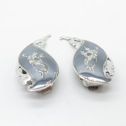 925 Sterling Silver Vintage Siam Niello Hindu Goddess Clip On Earrings