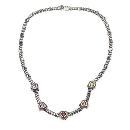 Ross Simons Sterling Silver 14K Gold Vintage Real Multi-Gem Heart Necklace 16"