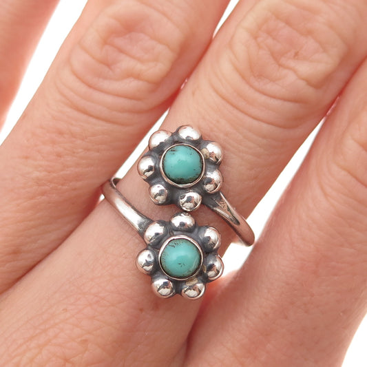 925 Sterling Vintage Mexico Real Turquoise Floral Adjustable Ring Size 8.5