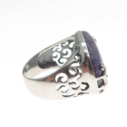 925 Sterling Silver Vintage Real Cabochon Sugilite Gemstone Swirl Ring Size 9.5