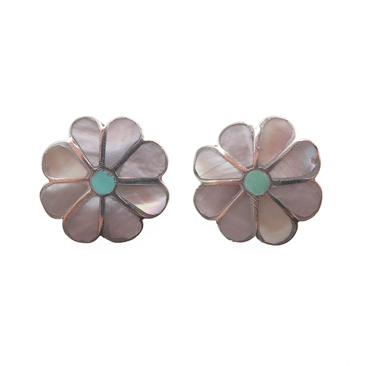 Old Pawn Sterling Silver Vintage MOP & Turquoise Floral Tribal Clip On Earrings