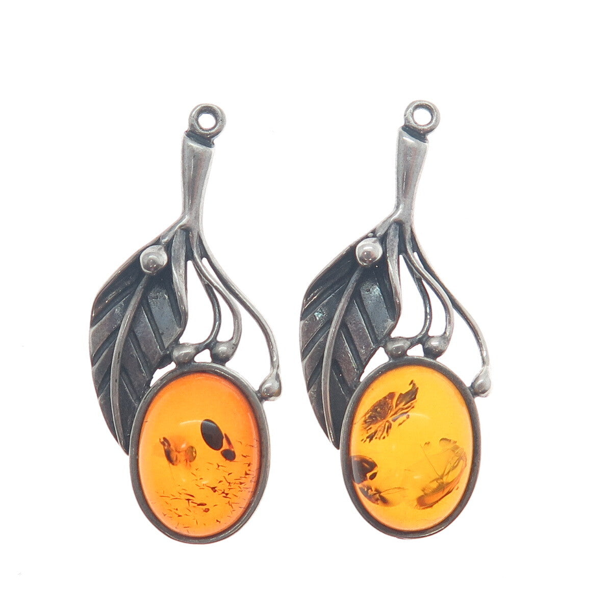 925 Sterling Silver Vintage Real Baltic Amber Leaf Oxidized Jacket Earrings