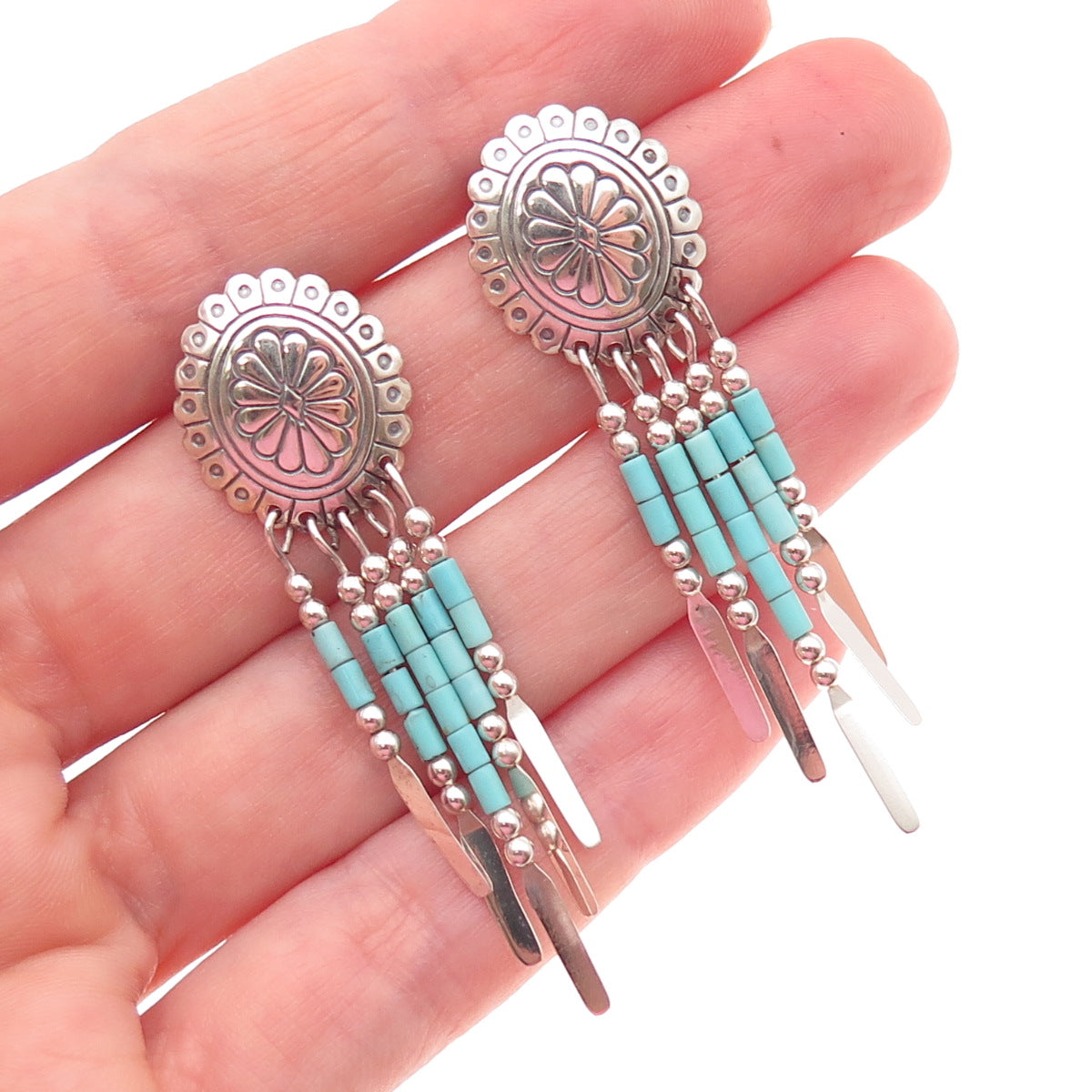 Quoc Turquoise Old Pawn Sterling Silver Vintage Concho Tribal Dangle Earrings