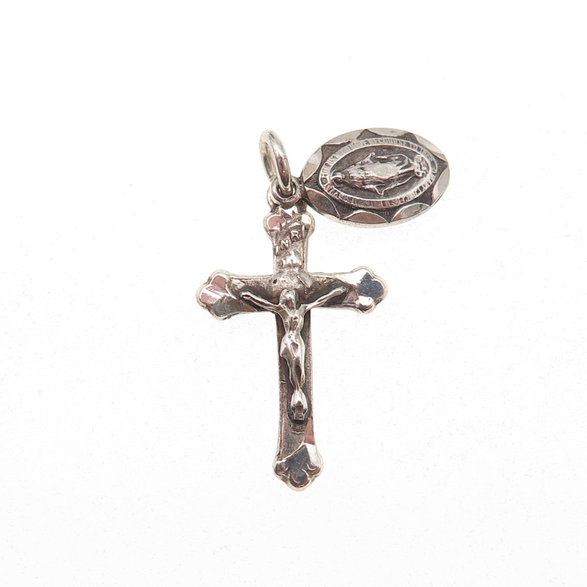 925 Sterling Silver Antique Art Deco Crucifix Cross & St. Mary Charm Pendant
