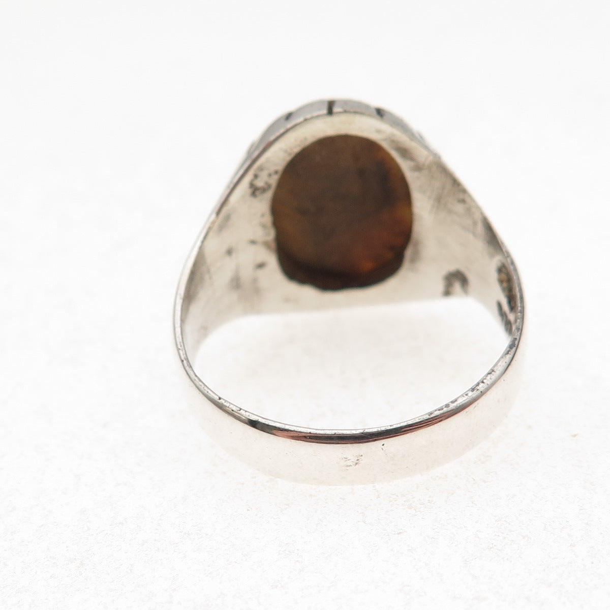 925 Sterling Silver Vintage Real Tiger Eye Modernist Oxidized Ring Size 11.5