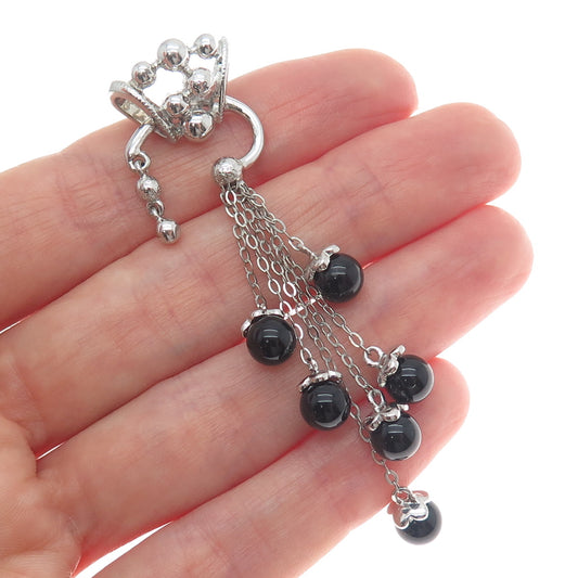 925 Sterling Silver Vintage Real Black Onyx Beads Tassel Dangle Pendant