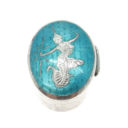 925 Sterling Silver Antique Siam Enamel Niello Hindu Goddess Pill / Snuff Box