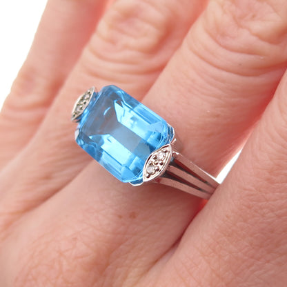 925 Sterling Silver 2-Tone Mexico Real Diamond & Blue Topaz Ring Size 7