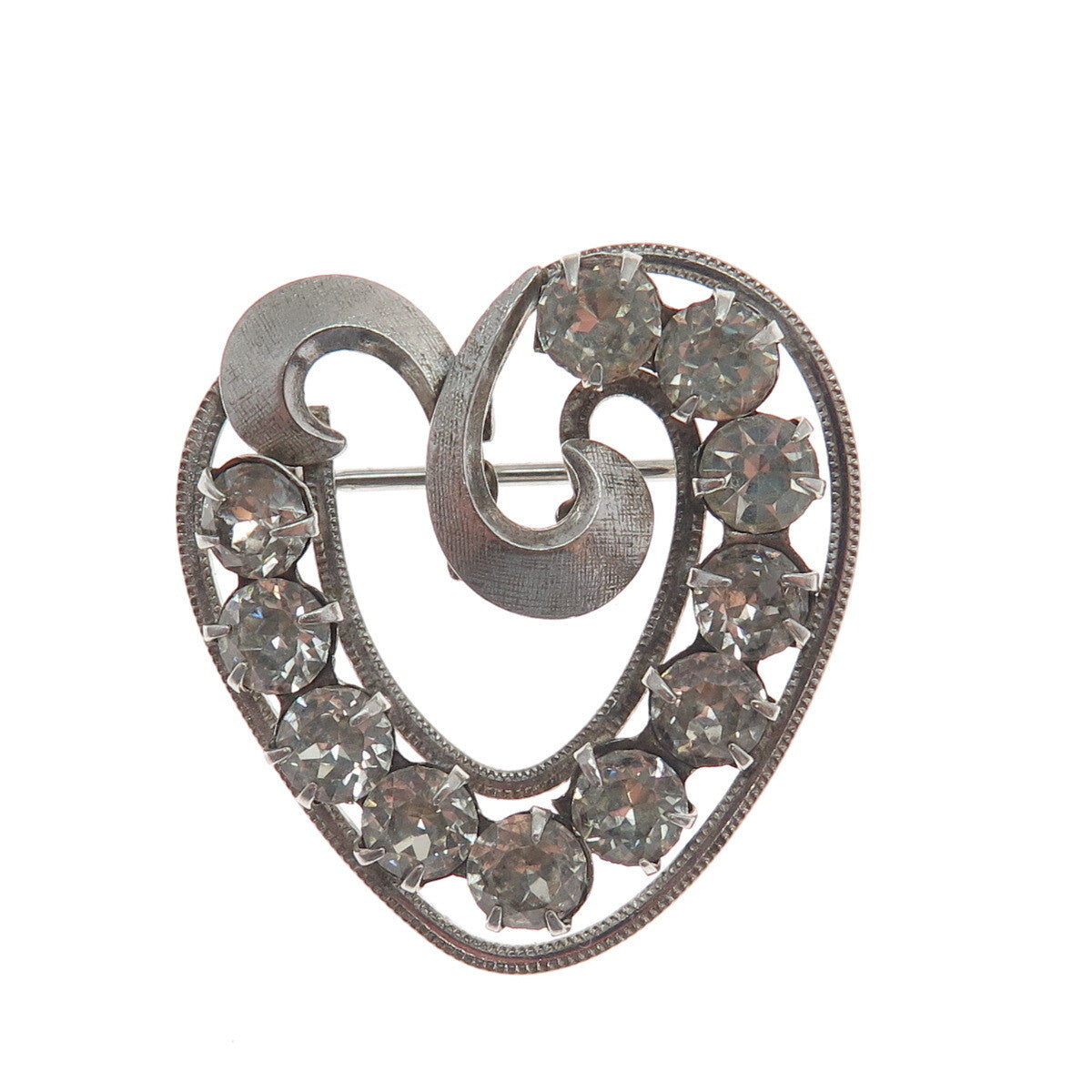 CURTIS CURTMAN 925 Sterling Silver Antique Art Deco Rhinestone Heart Pin Brooch