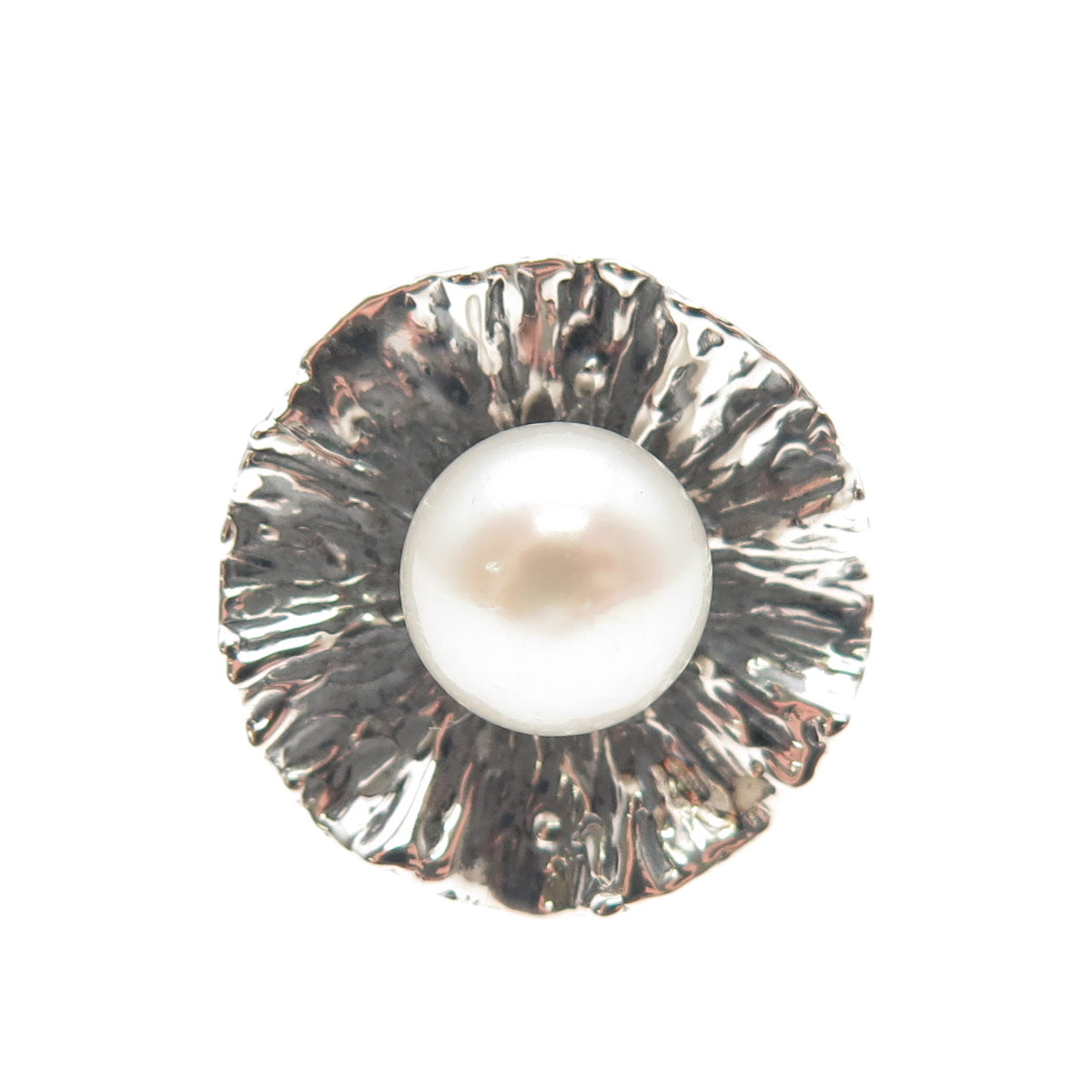 H & BJ Mackie 925 Sterling Vintage Real Pearl Modernist Oxidized Ring Size 5.25