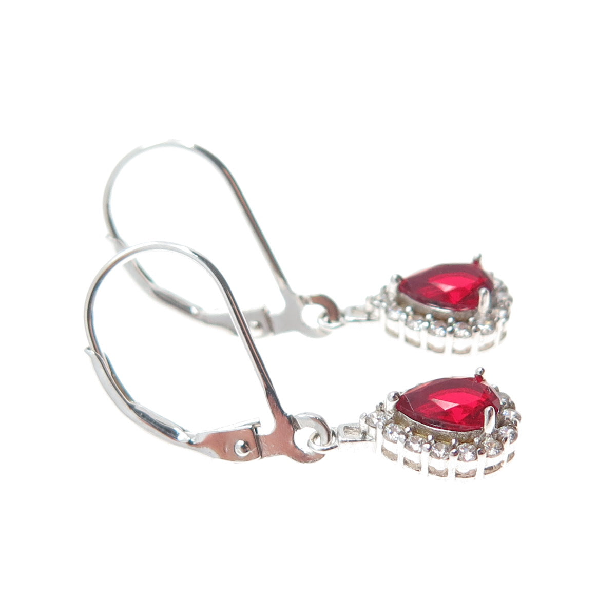 DSMK 925 Sterling Silver Real Red Garnet & C Z Teardrop Dangle Earrings