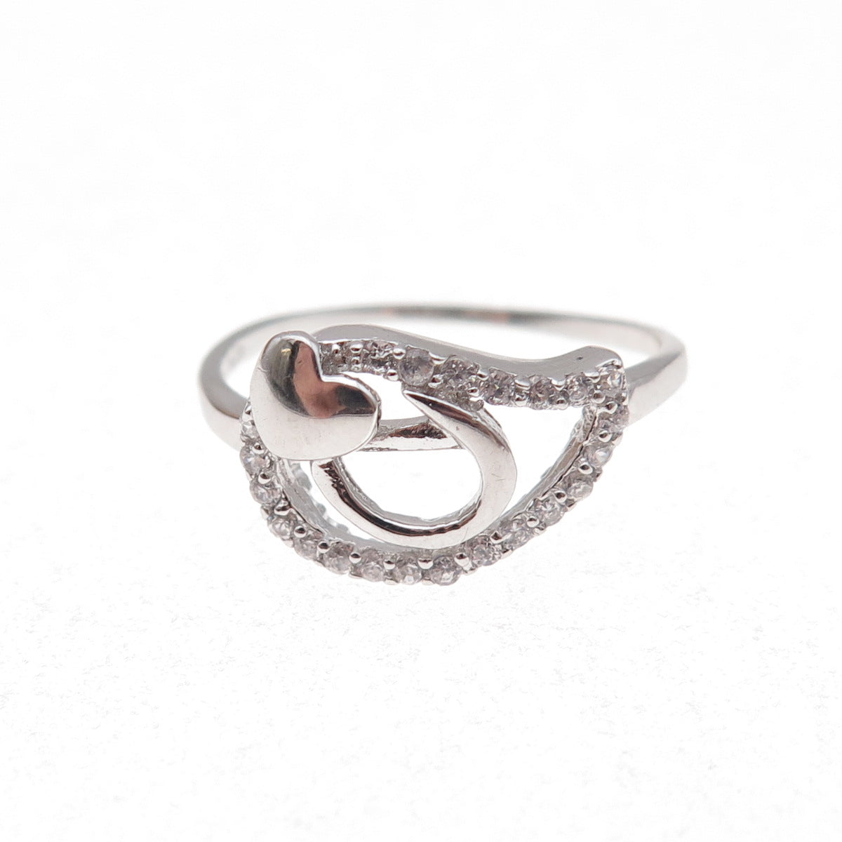 925 Sterling Silver Round-Cut C Z Heart Droplet Ring Size 7