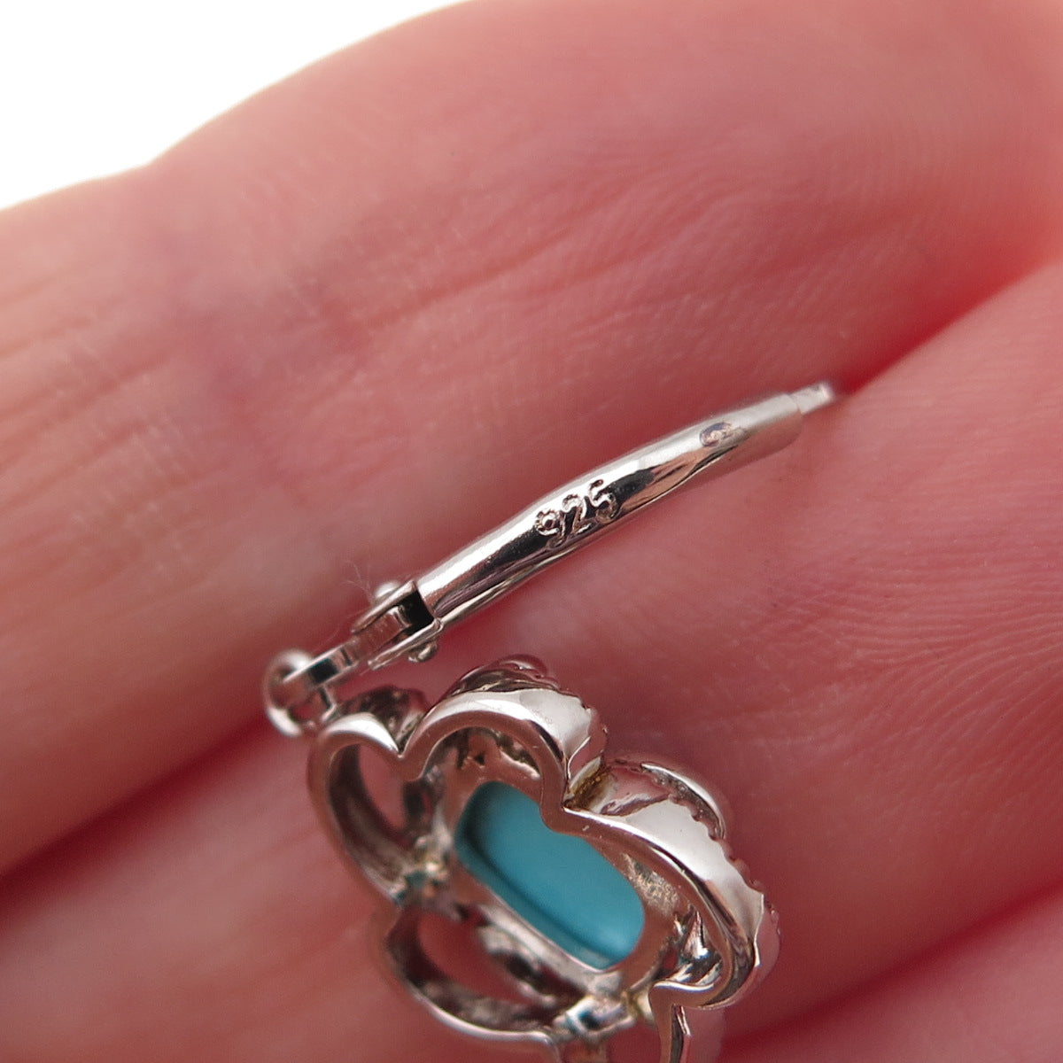 925 Sterling Silver Real Sleeping Beauty Turquoise Floral Dangle Earrings
