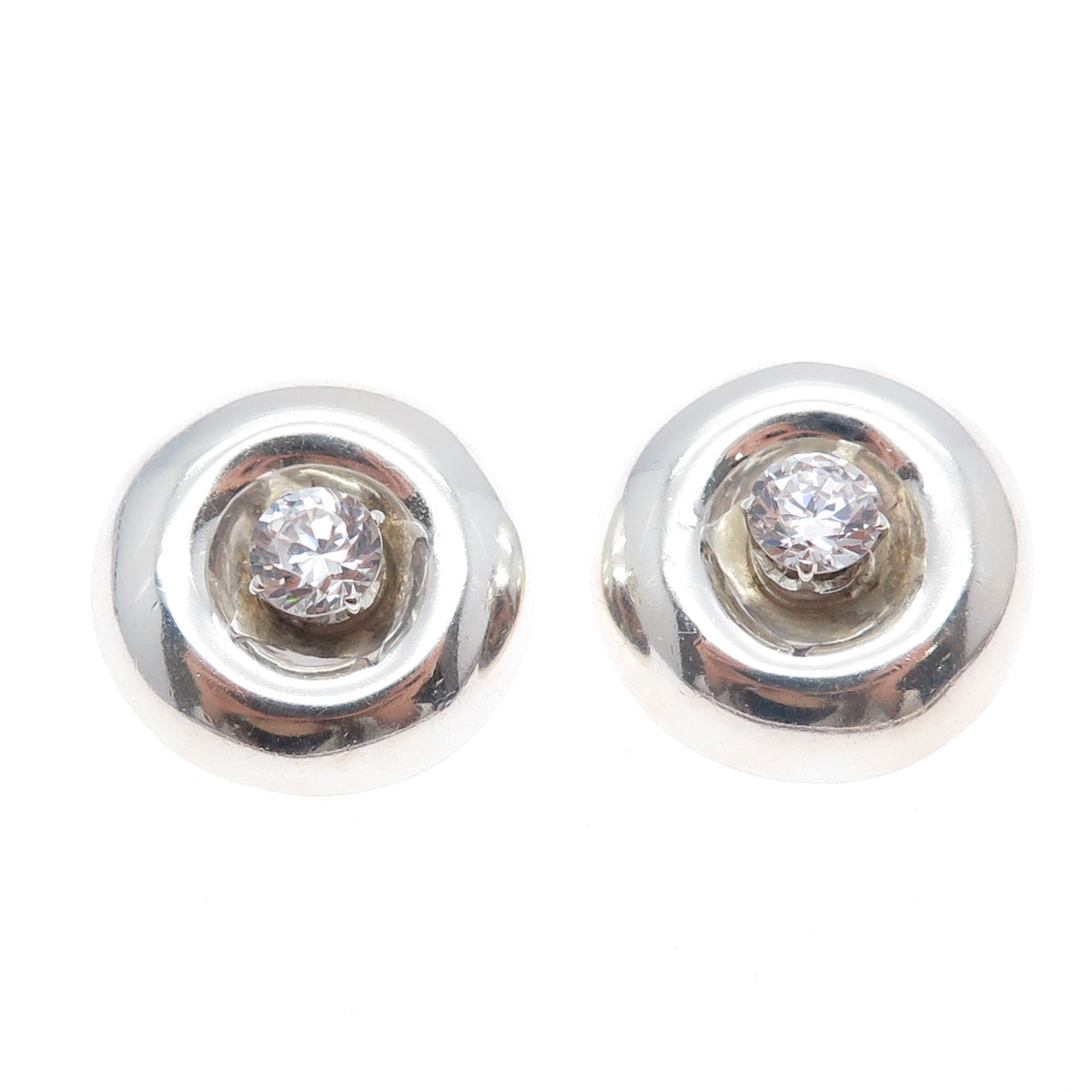 925 Sterling Silver Vintage Mexico Round-Cut C Z Modernist Clip On Earrings