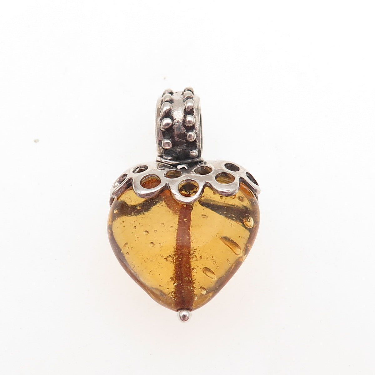 ANSA 925 Sterling Silver Vintage Yellow Glass Modernist Heart Charm Pendant