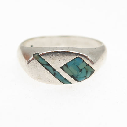 SILVER FOX Old Pawn 925 Sterling Vintage Turquoise Inlay Tribal Ring Size 10.75