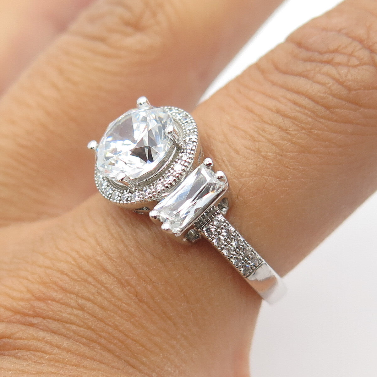 925 Sterling Silver Round & Baguette-Cut White C Z Engagement Ring Size 7
