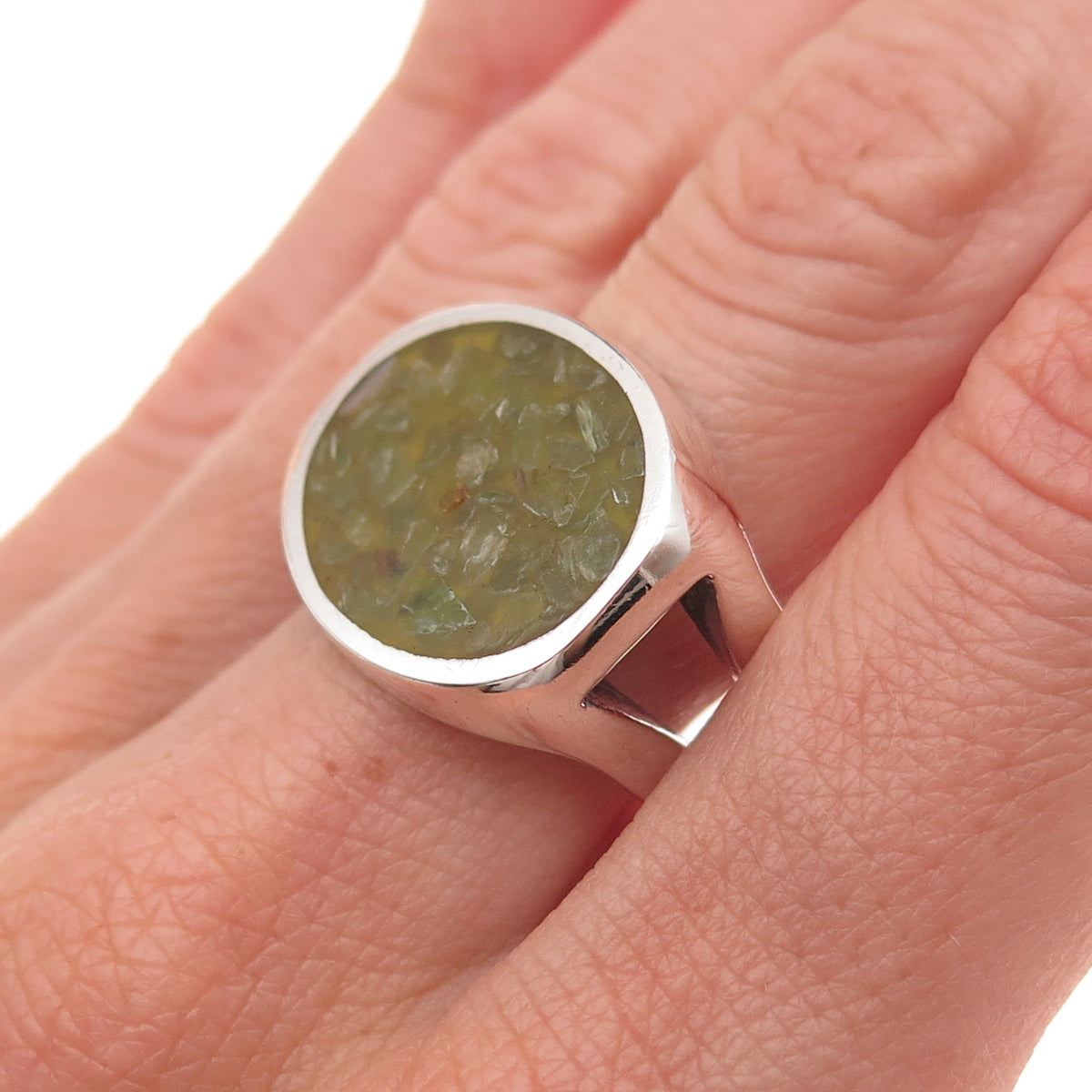 925 Sterling Silver Vintage Real Jade Inlay Modernist Adjustable Ring Size 8.5