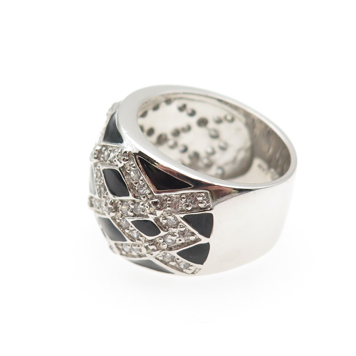 925 Sterling Silver Black Enamel Round-Cut C Z Ring Size 7.25