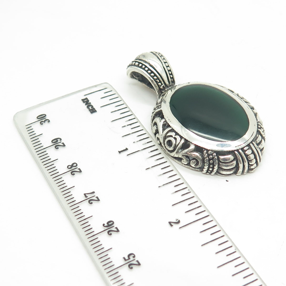 925 Sterling Silver Vintage Green Enamel Oval Ornate Floral Pendant