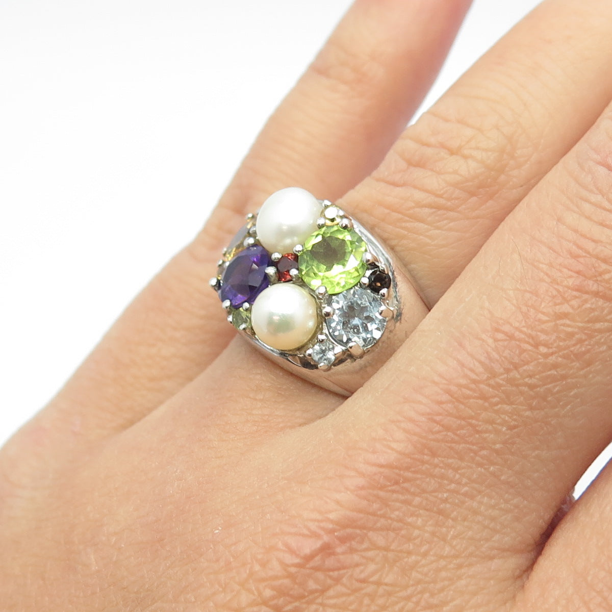 925 Sterling Silver Pearl Amethyst Topaz Citrine Peridot & Garnet Ring Size 7.25