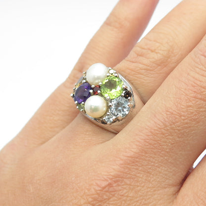 925 Sterling Silver Pearl Amethyst Topaz Citrine Peridot & Garnet Ring Size 7.25