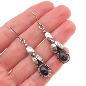 925 Sterling Silver Vintage Real Black Onyx Floral Oxidized Dangle Earrings